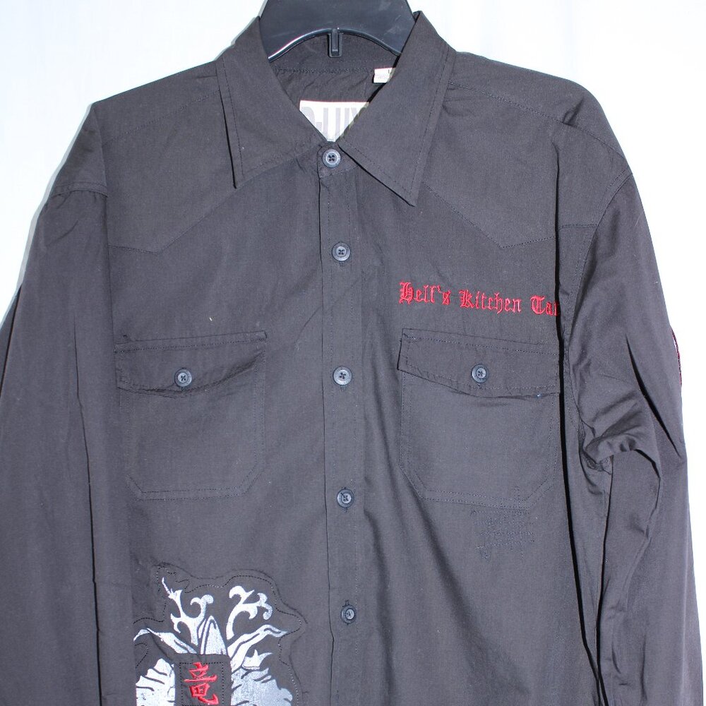 D-Lux Shirt Mens L Hell's Kitchen Tattoo Black Long Sleeve Button Skull Hearts